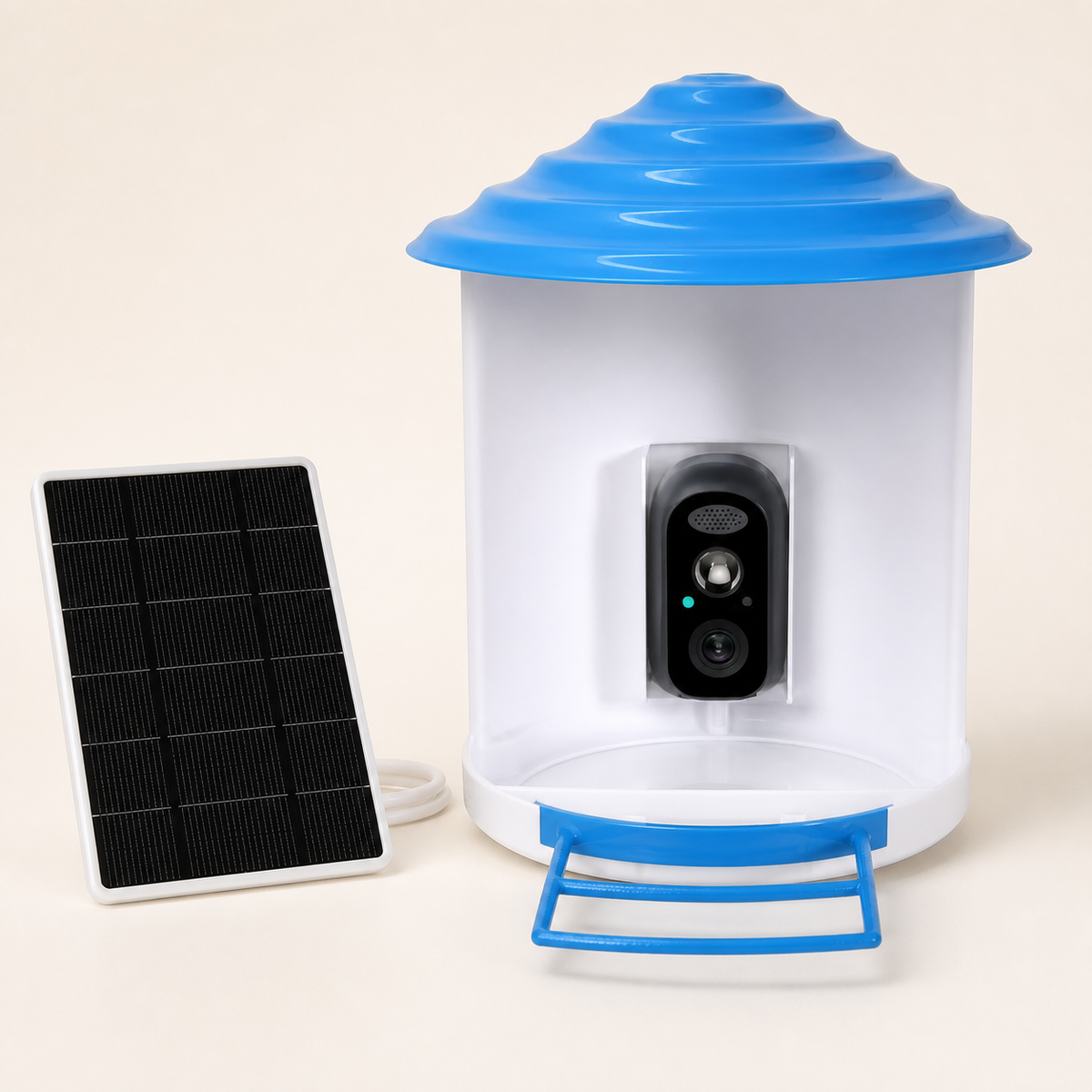 PerchView blue and white smart bird feeder with separate solar panel