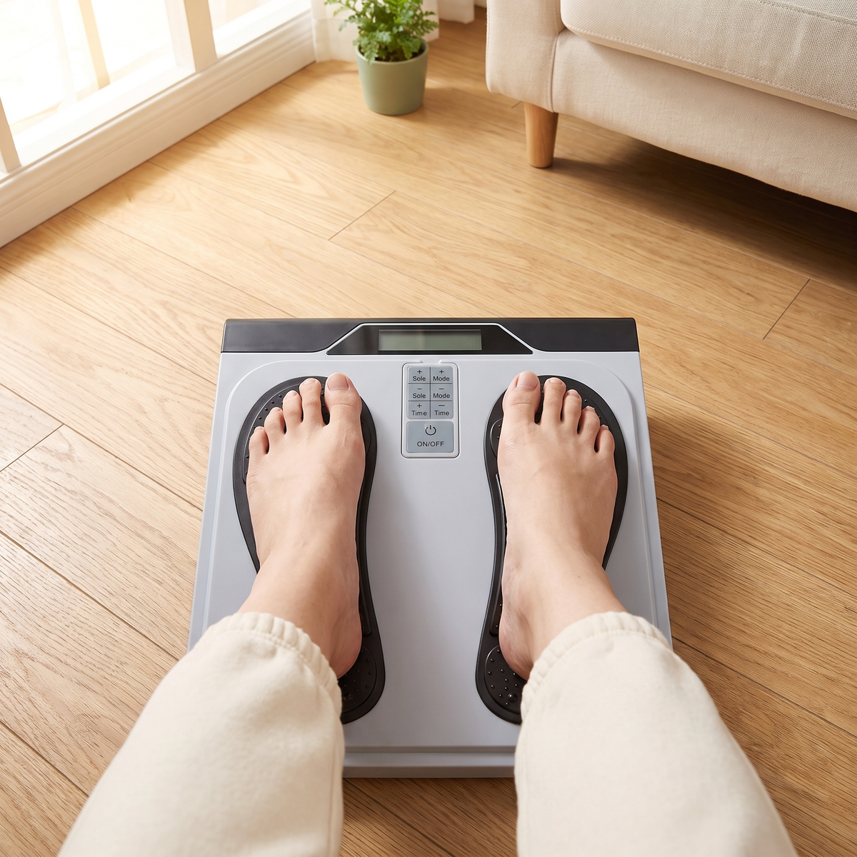 CircuFlow in use — feet on the EMS pads at home