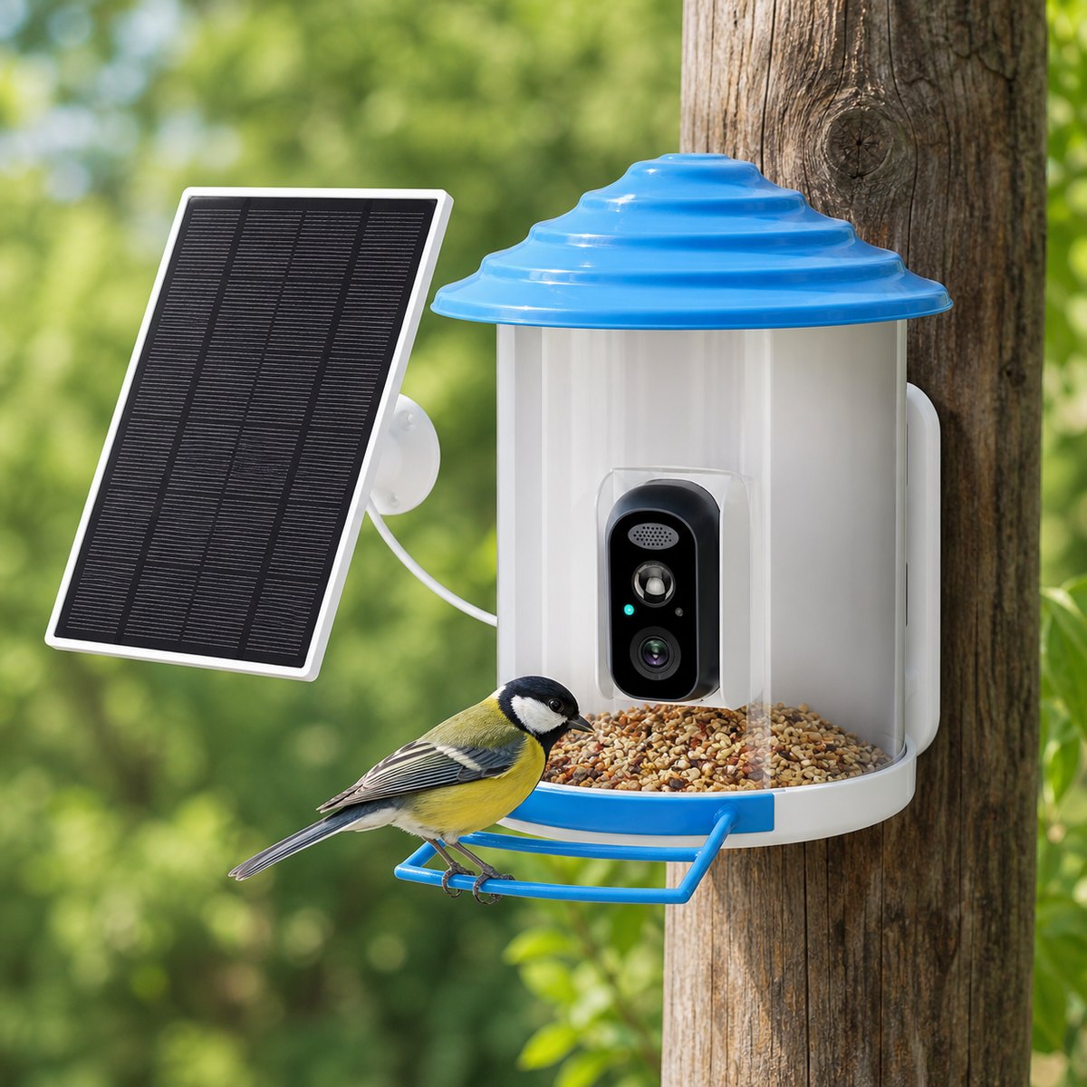 PerchView smart bird feeder mounted outdoors with separate solar panel