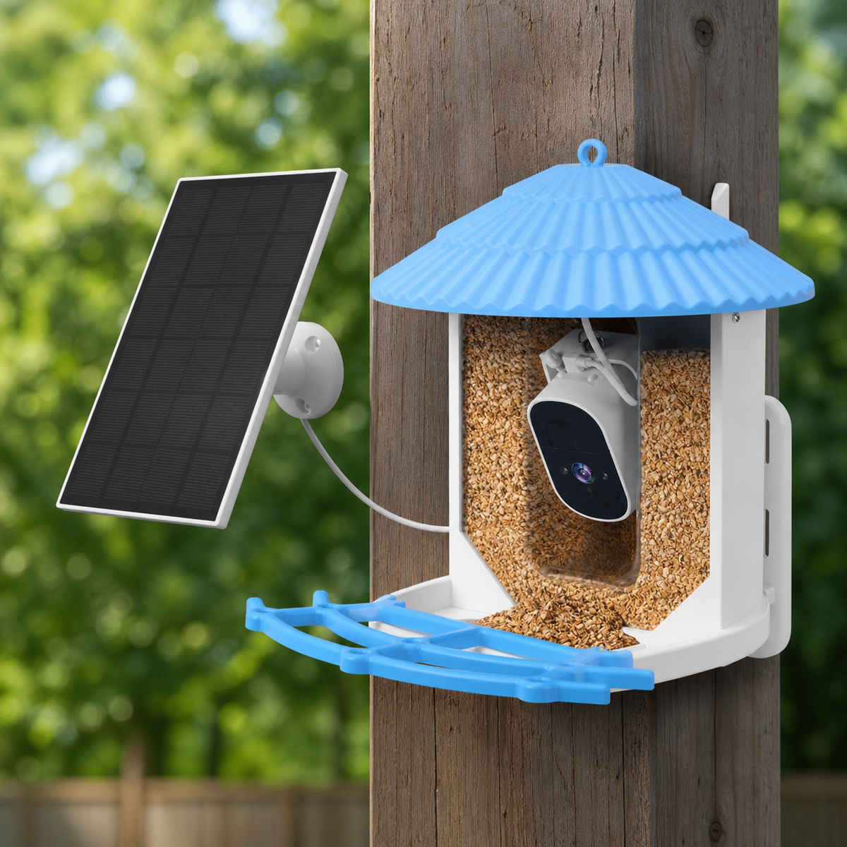 PerchView smart bird feeder mounted with separate solar panel