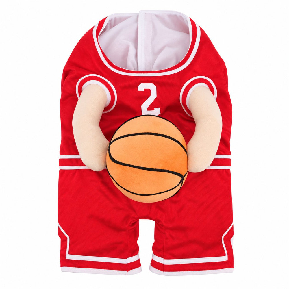 Red basketball costume laid flat