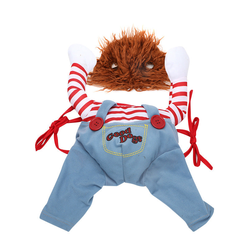 Little Menace costume showing tie fastenings and orange wig