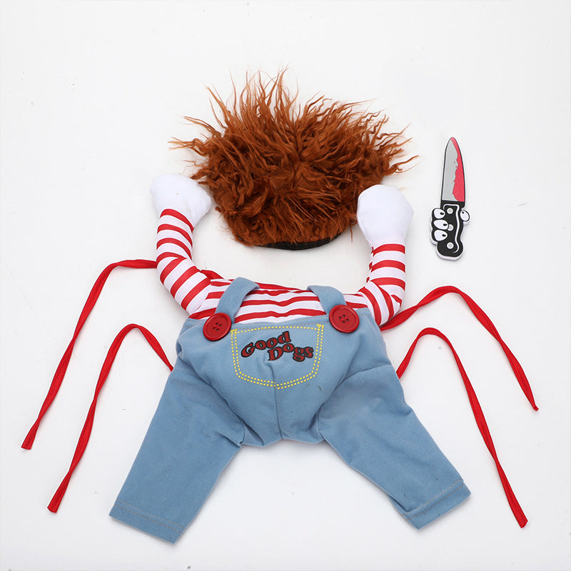 Little Menace costume, wig and foam prop laid flat