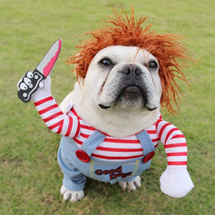 Little Menace costume with orange wig, striped sleeves and foam prop